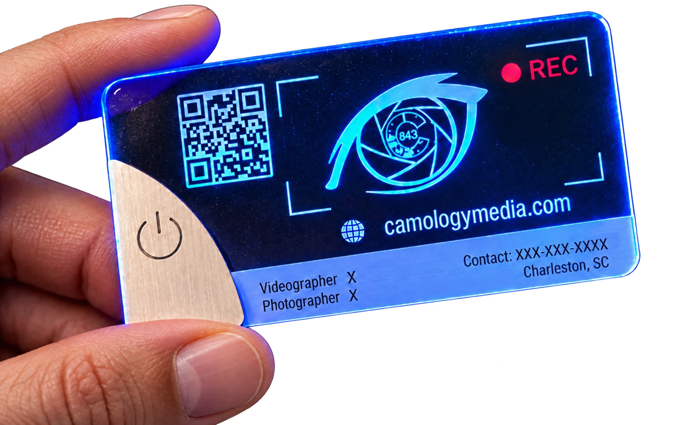 Camolo-Glow illuminated business card with Camology Media branding